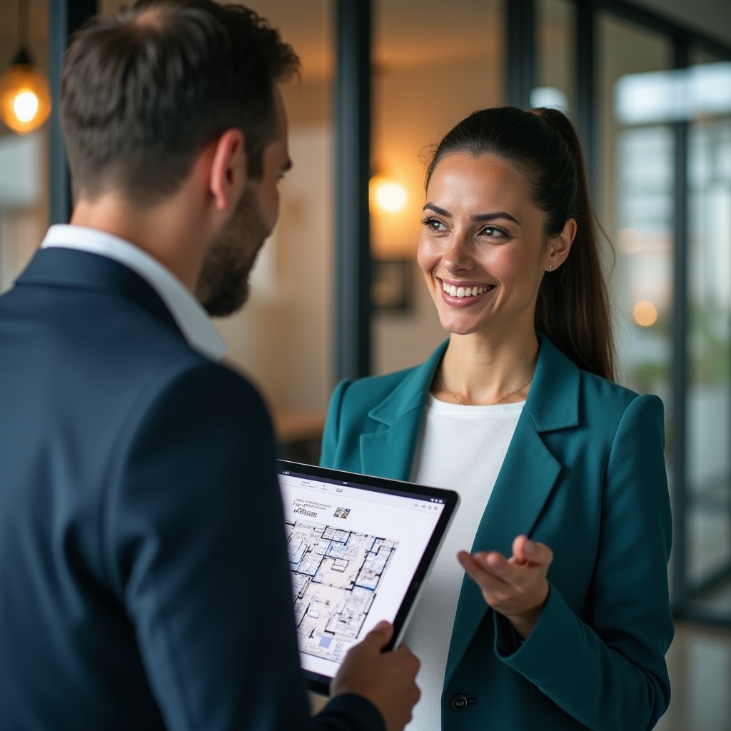 Consulente che mostra appartamenti disponibili su tablet