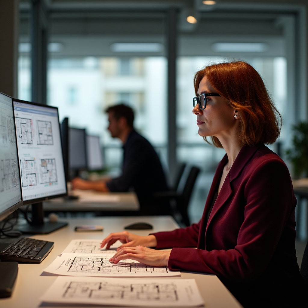 Professionista che analizza offerte abitative su schermo