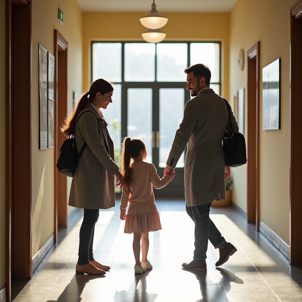 Genitore e bambino in visita orientativa a una scuola